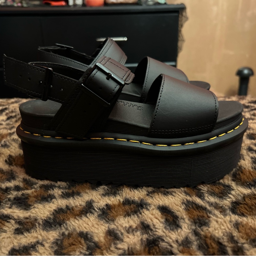 Dr. Martens Black Platform Sandals with Yellow Stitching
